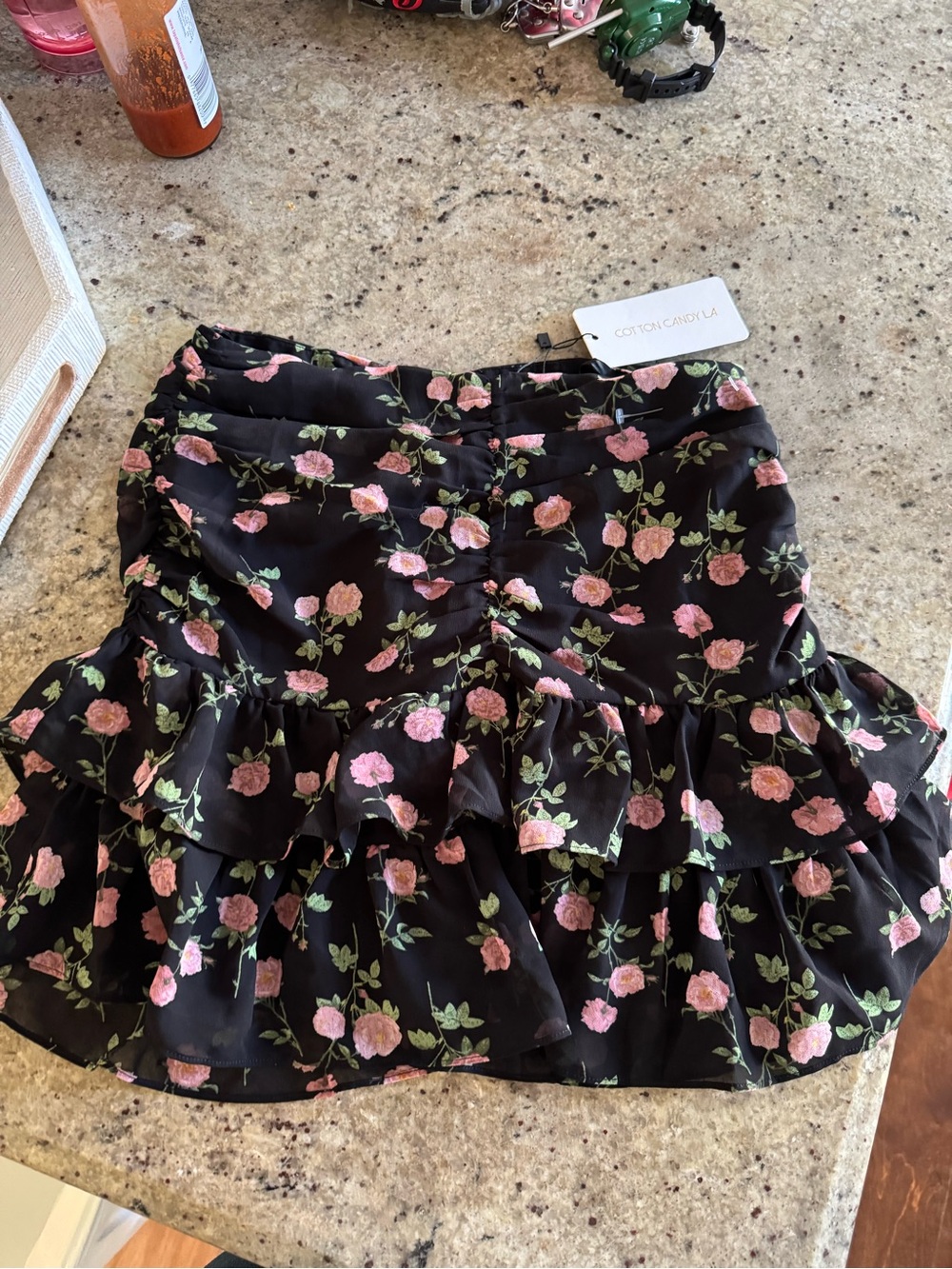 COTTON candy Floral Ruffle Mini Skirt - Black with Pink Roses